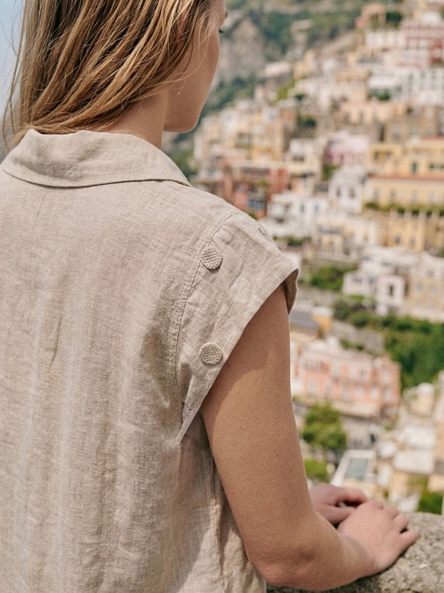 Italian Linen Button-Down Top- Oatmeal