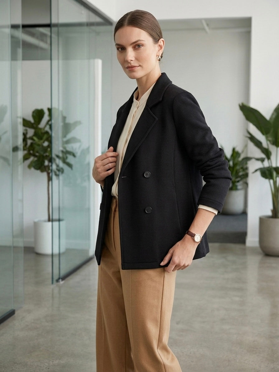 Milano Structured Double-Breasted Blazer- Black