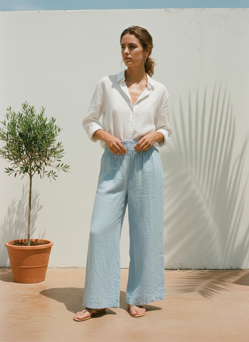 Linen Wide-Leg Breeze Pants- Powder Blue