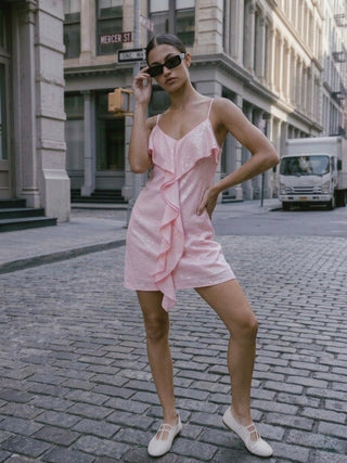 Shimmer Ruffle Mini Dress- Petal Pink