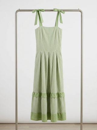 Sage Gingham Tie-Strap Midi Dress