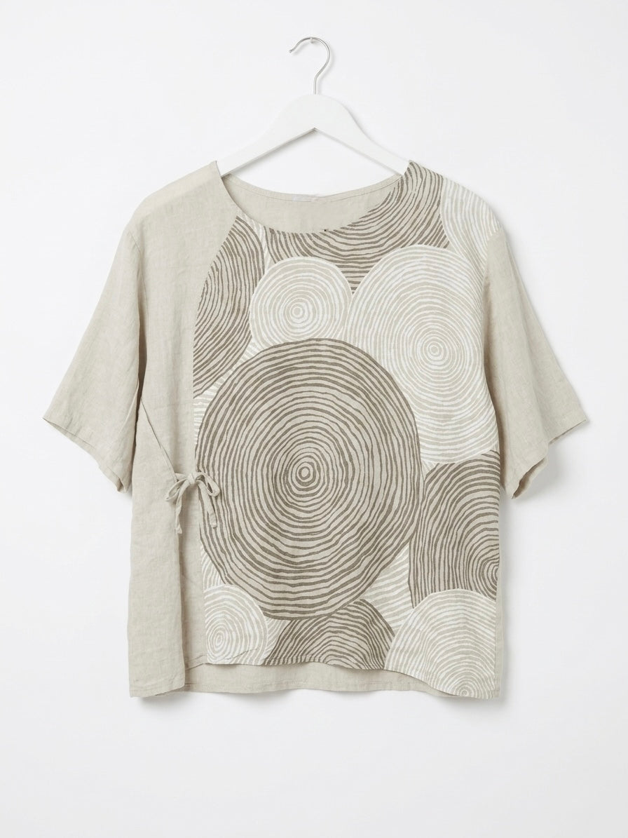 SWIRL PRINT ITALIAN LINEN BLOUSE WITH SIDE TIE- NATURAL