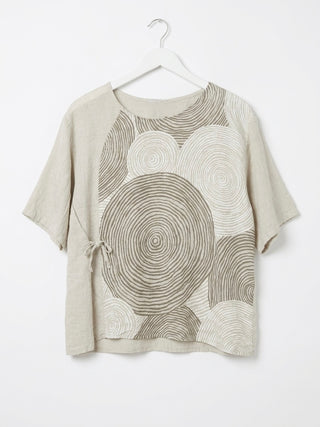 SWIRL PRINT ITALIAN LINEN BLOUSE WITH SIDE TIE- NATURAL