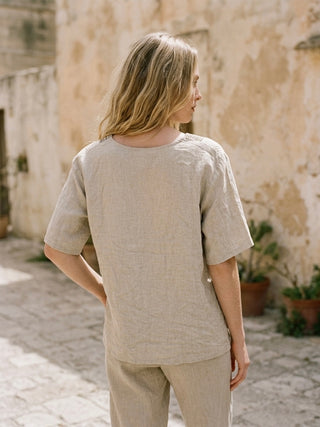SWIRL PRINT ITALIAN LINEN BLOUSE WITH SIDE TIE- NATURAL