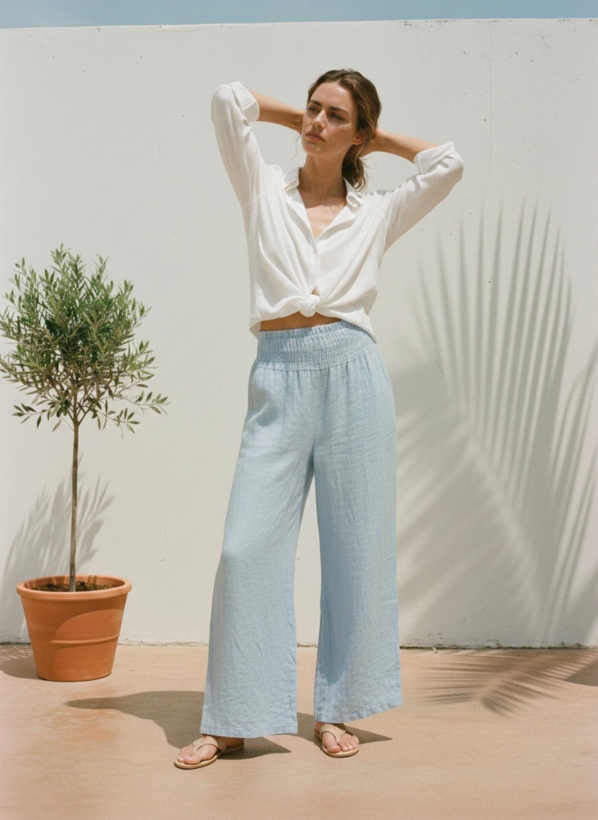Linen Wide-Leg Breeze Pants- Powder Blue