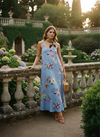 The Solstice Floral Linen Midi- Blue