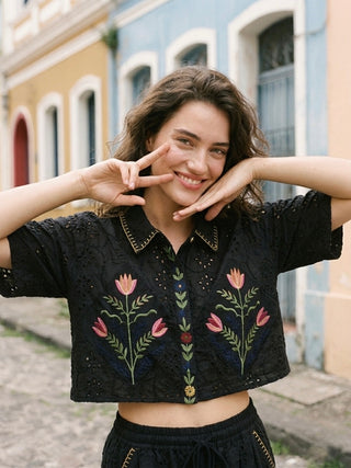 Floral Eyelet Embroidered Cropped Shirt- Artisanal Onyx Floral