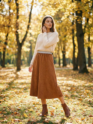 The Cognac Shimmer Waist Midi Skirt- Camel