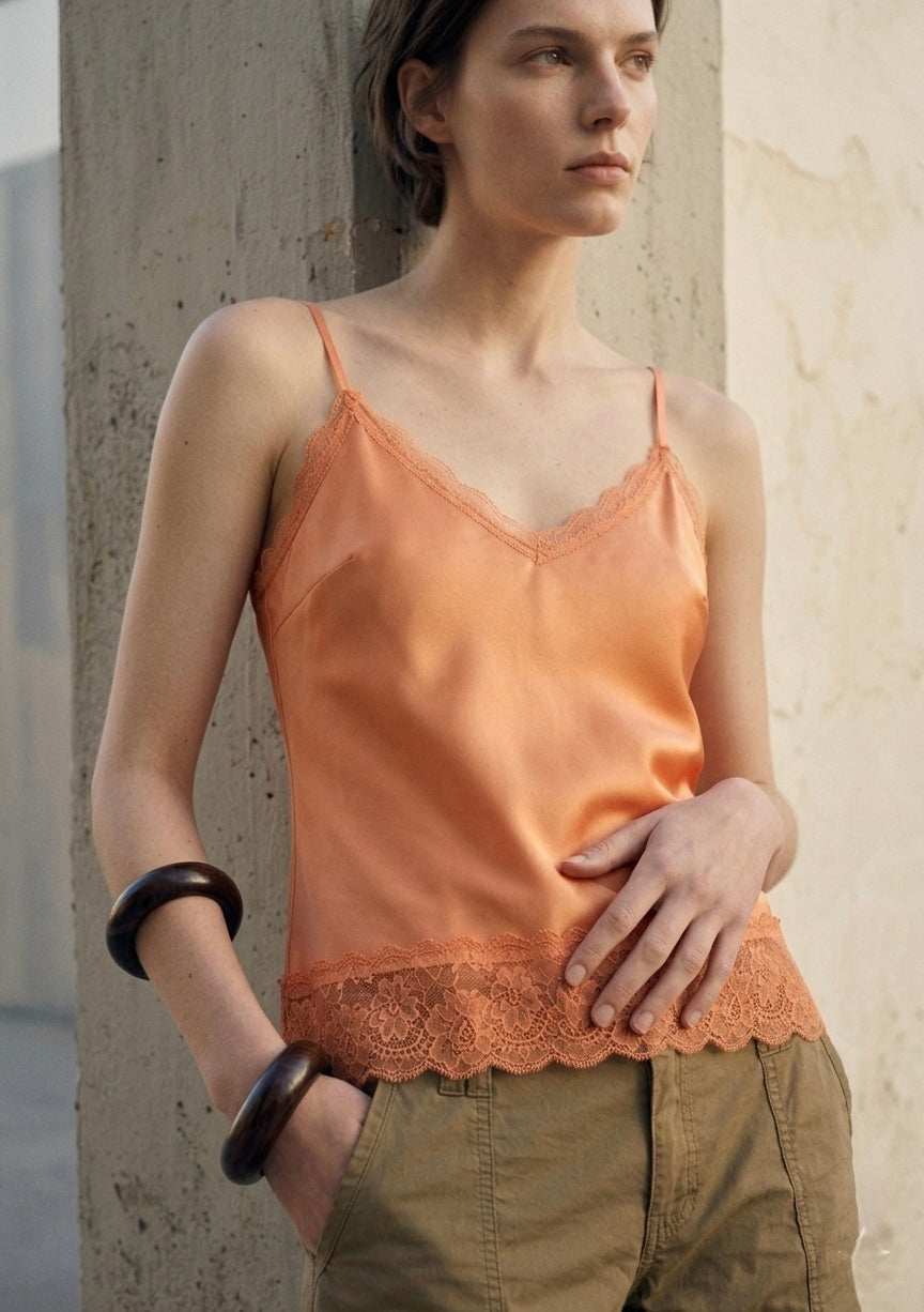 Lace-Trim Satin Cami- Dusty Peach