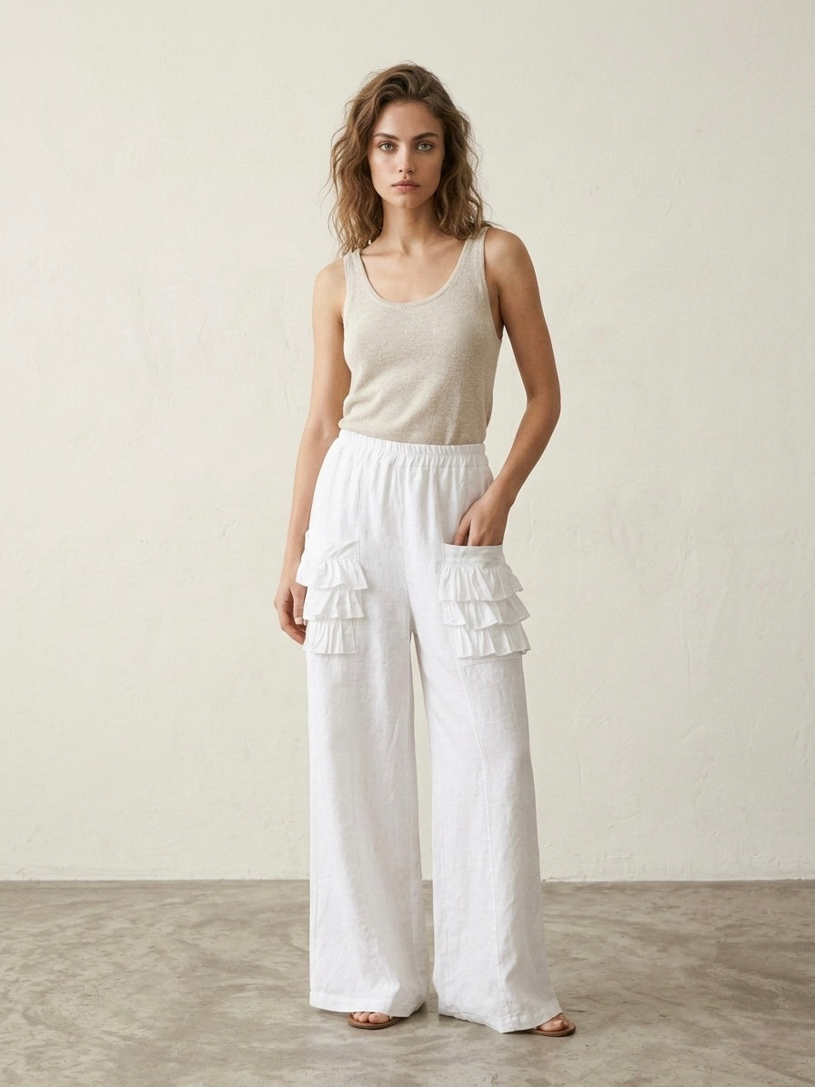 The White Ruffle-Pocket Linen Pant