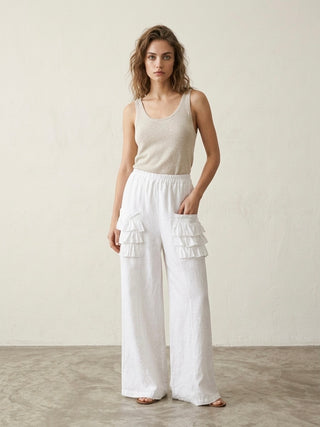 The White Ruffle-Pocket Linen Pant