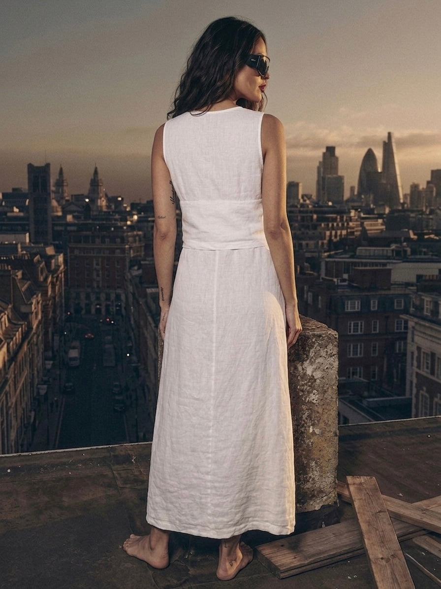 Isla Tie-Front Linen Maxi Dress- Antique White