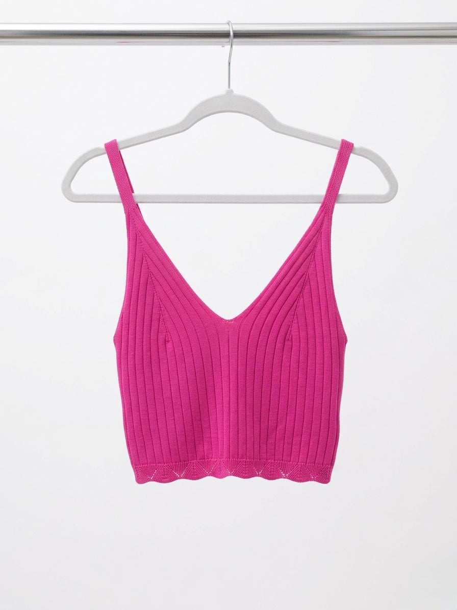 V-Neck Ribbed Scallop-Hem Crop Top- Hot Berry