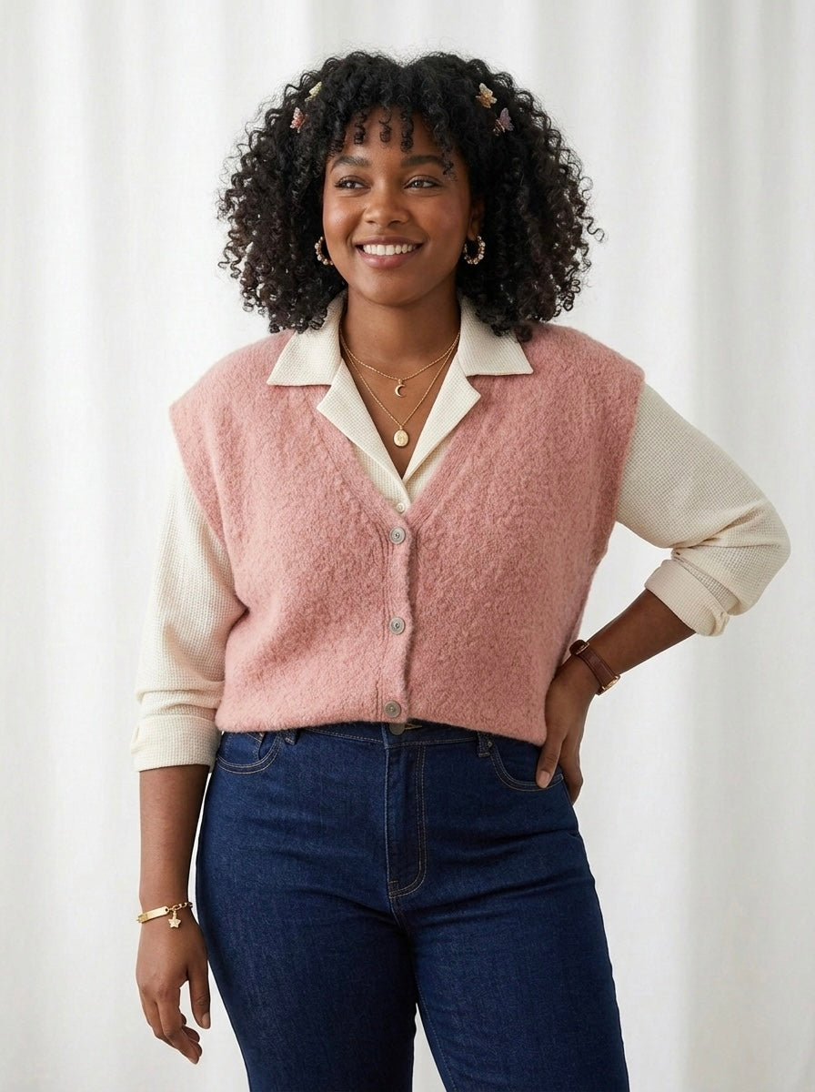 Cloud-Soft Alpaca Blend Button-Front Vest- Dusty Rose