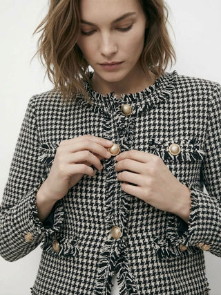 Vintage-Inspired Houndstooth Tweed Lady Jacket