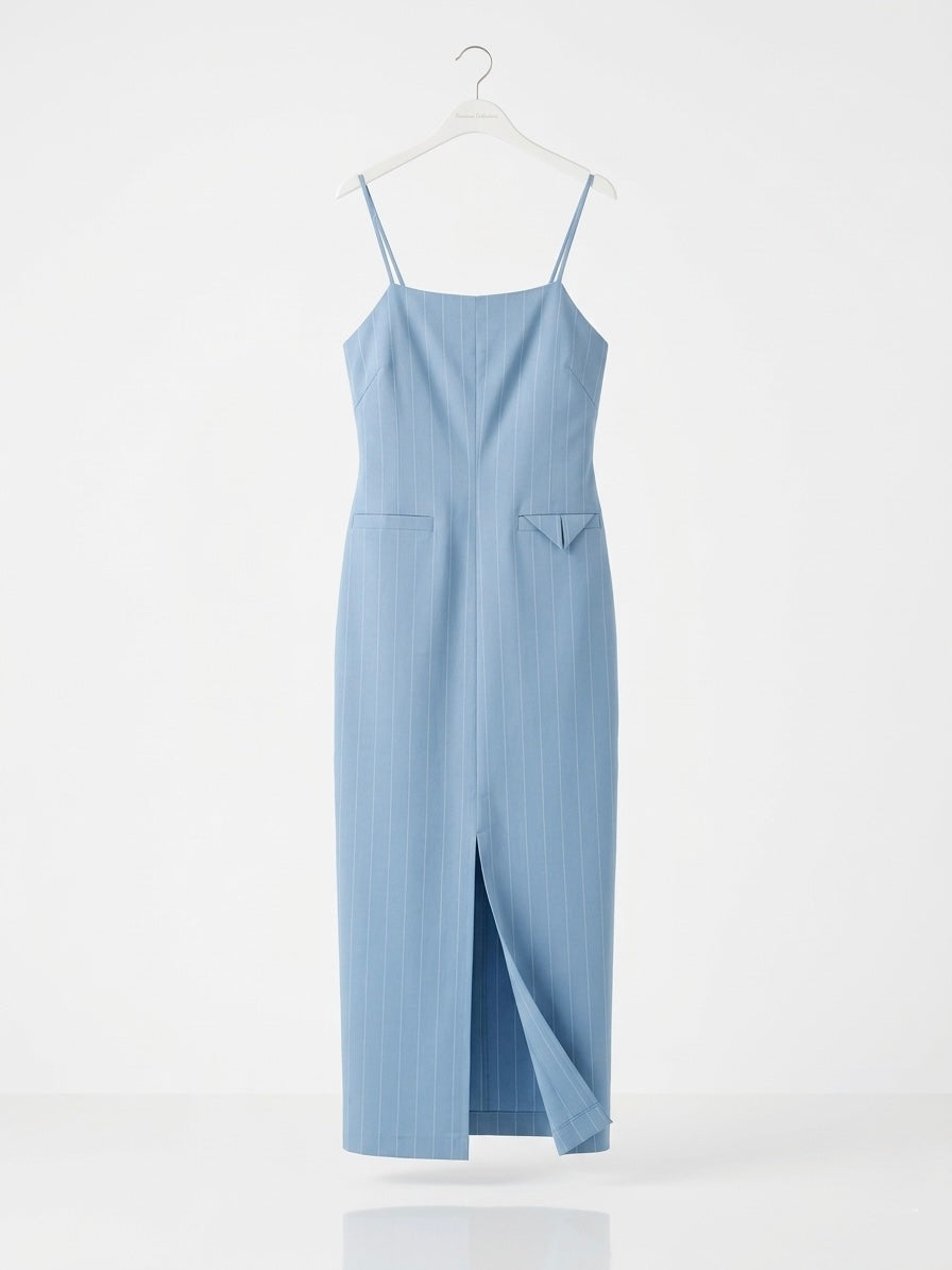 The Pinstripe Midi Column Dress- Chambray Blue