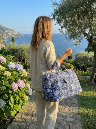 Blue Floral Cotton Quilted Duffle Bag