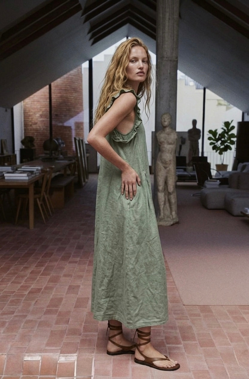 The Aria Ruffle Back-Tie Midi- Sage Green