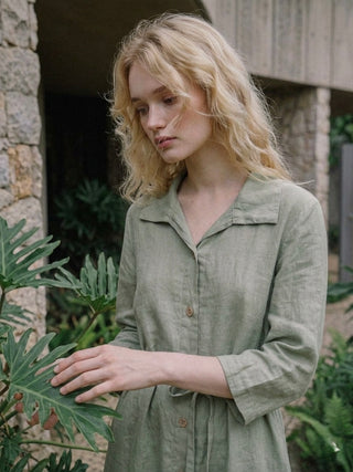 LINEN MIDI SHIRT DRESS-MUTED SAGE GREEN