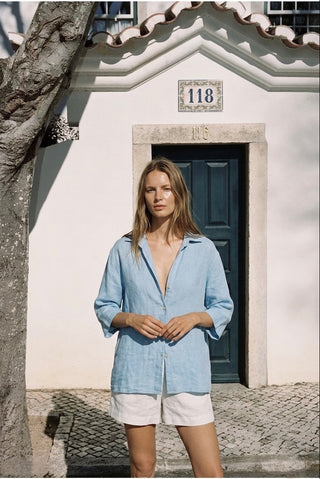 Oversized Button Down Linen Shirt- Dusty Azure