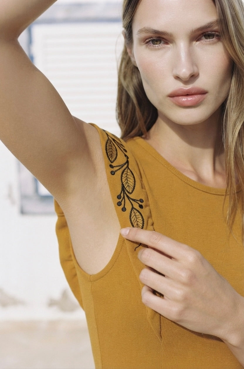 Embroidered Ruffle-Sleeve Ribbed Top- Mustard