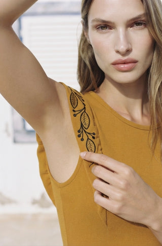 Embroidered Ruffle-Sleeve Ribbed Top- Mustard