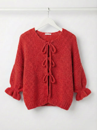 The Coquette Tie-Front Cardigan- Tomato Red