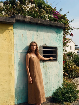 ITALIAN LINEN LONG DRESS- TAN