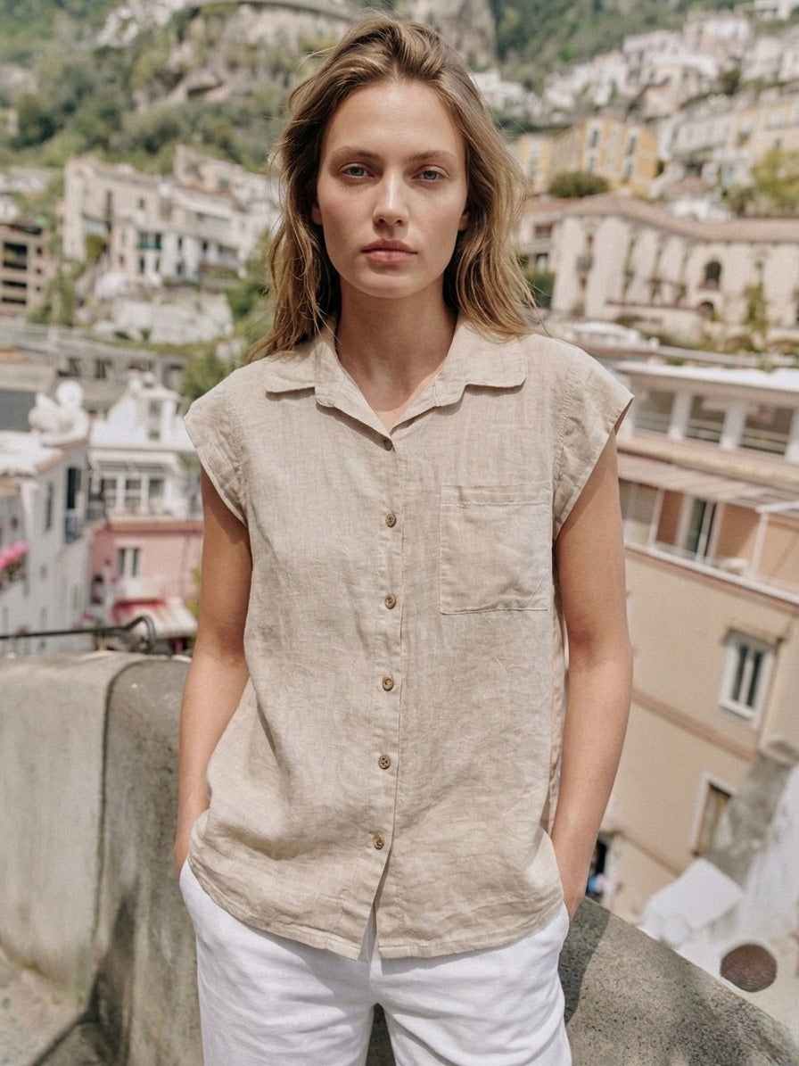 Italian Linen Button-Down Top- Oatmeal