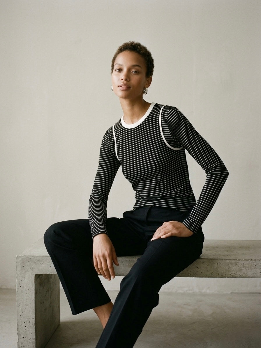 Striped Illusion Long Sleeve Tee-  Black