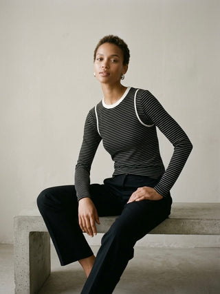 Striped Illusion Long Sleeve Tee-  Black