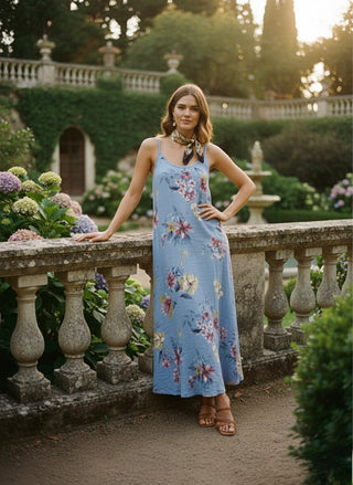 The Solstice Floral Linen Midi- Blue