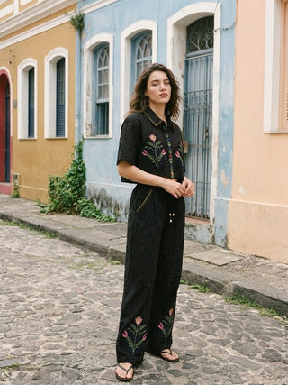 Floral Eyelet Wide-Leg Relaxed Pants- Artisanal Onyx Floral