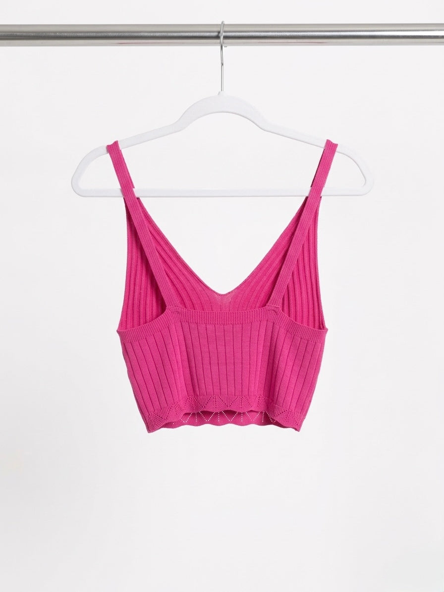 V-Neck Ribbed Scallop-Hem Crop Top- Hot Berry
