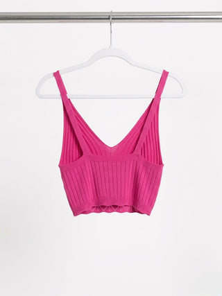 V-Neck Ribbed Scallop-Hem Crop Top- Hot Berry