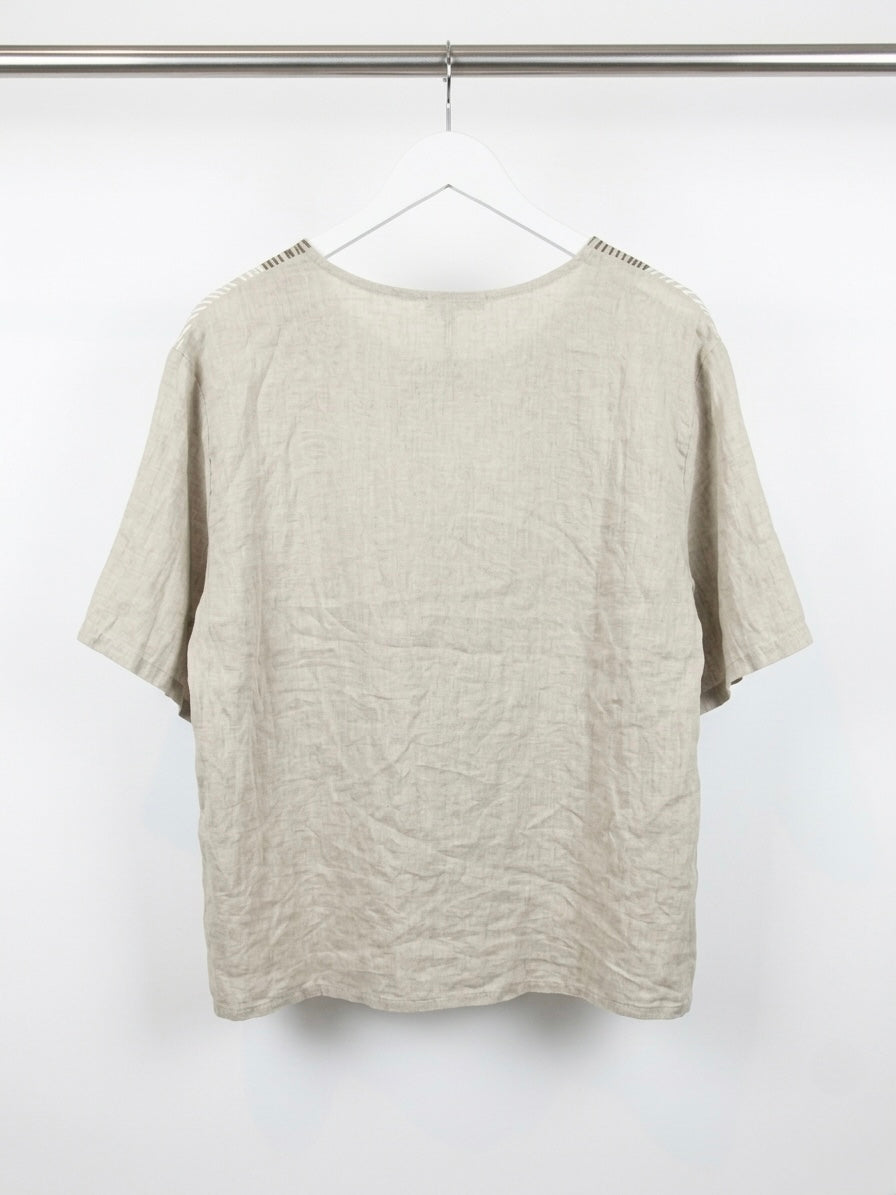 SWIRL PRINT ITALIAN LINEN BLOUSE WITH SIDE TIE- NATURAL