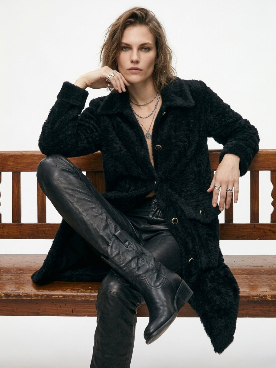 Plush Pocket Coat with Gold-Trim Buttons