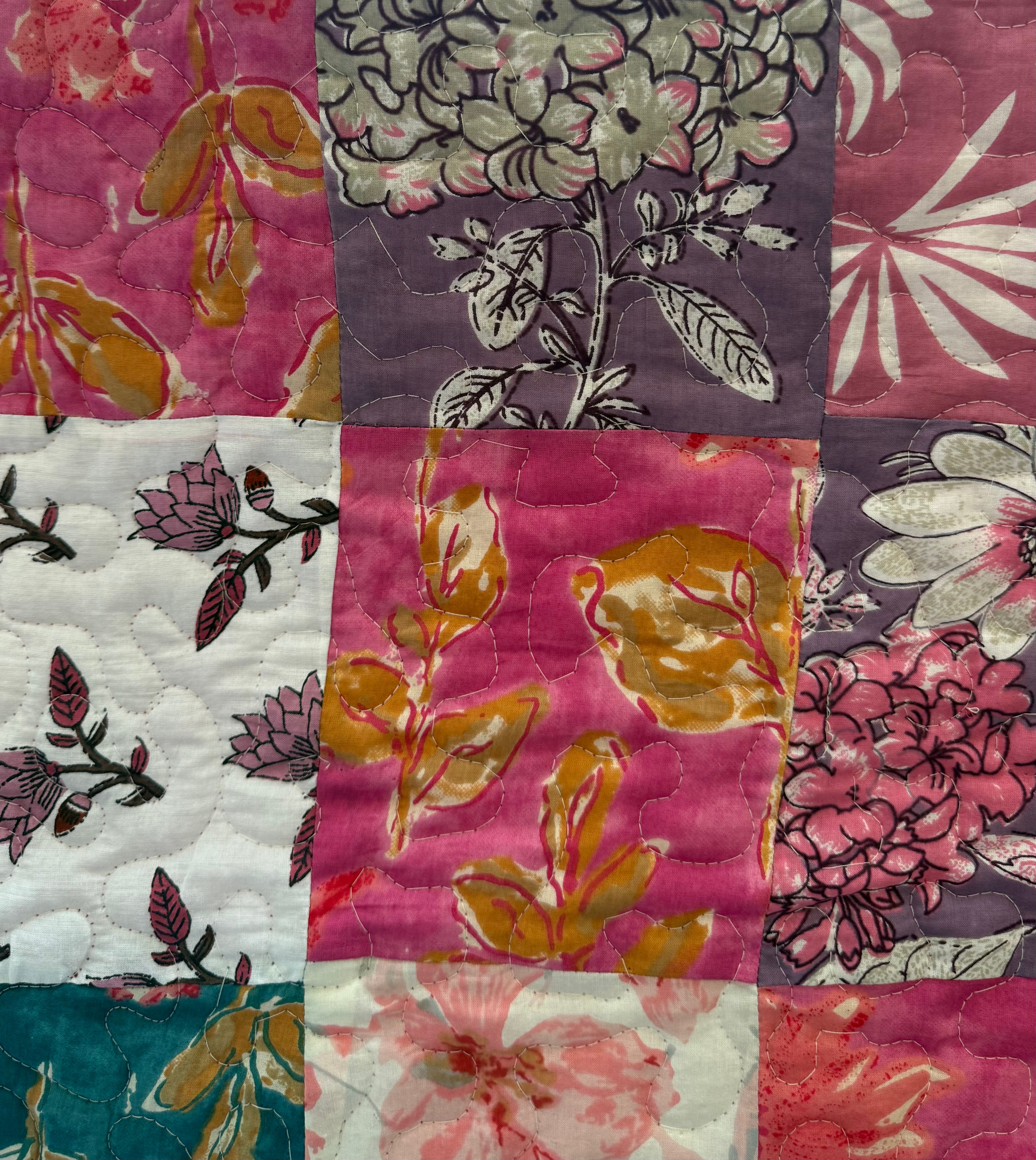 Bohemian Meadow & Fuchsia Scroll Cotton Reversible Queen Sized Quilt
