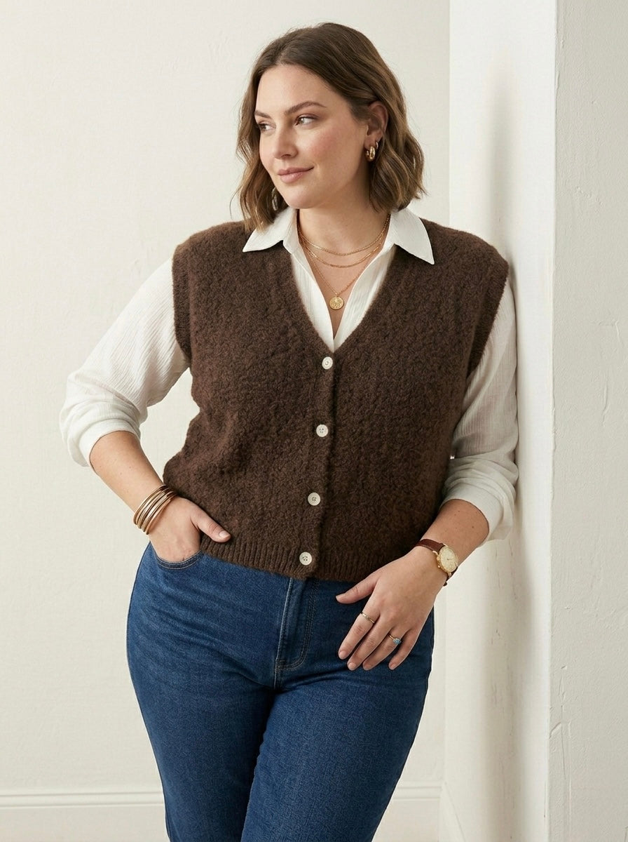 Cloud-Soft Alpaca Blend Button-Front Vest- Chocolate Brown