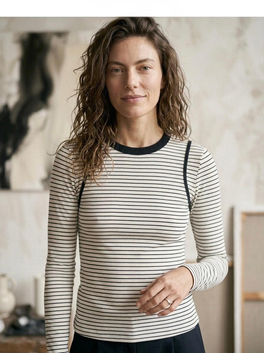 Striped Illusion Long Sleeve Tee- White