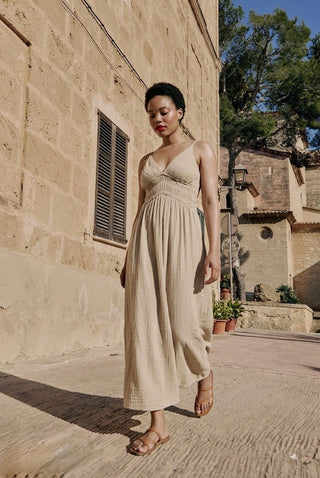 COTTON SEERSUCKER MAXI DRESS- BEIGE