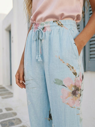FLORAL PRINT ITALIAN LINEN PANTS- LIGHT BLUE