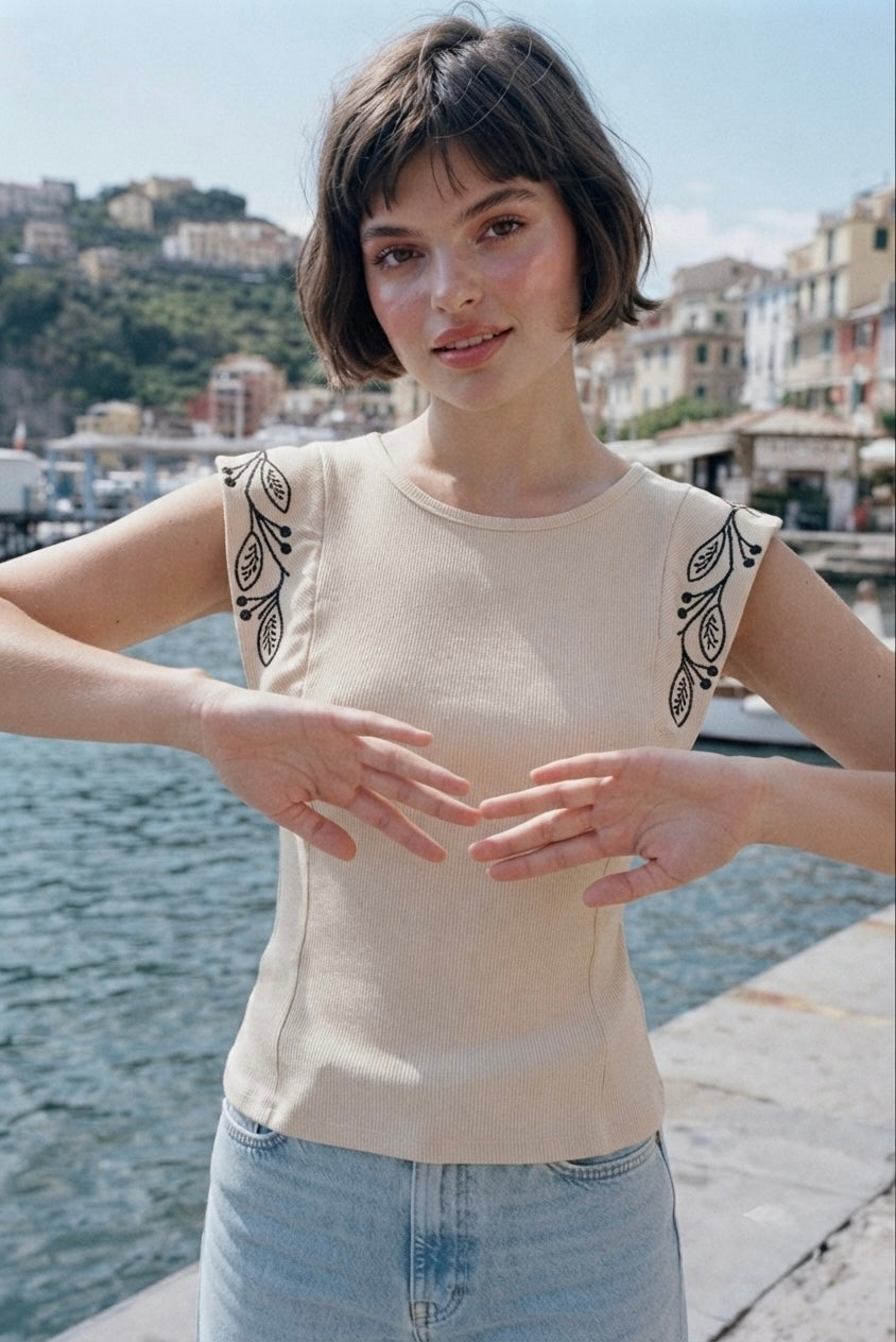 Embroidered Ruffle-Sleeve Ribbed Top- Beige