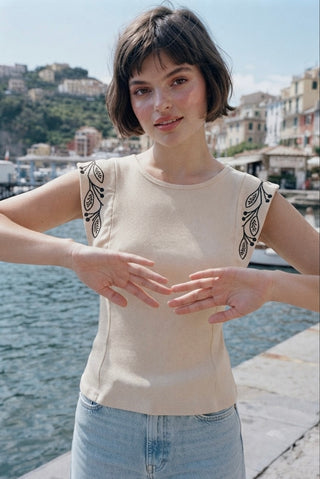 Embroidered Ruffle-Sleeve Ribbed Top- Beige