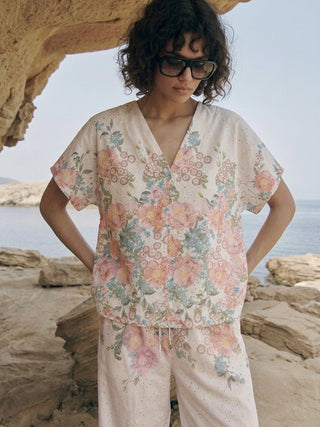 Floral Broderie Anglaise Top- White-Pink-Sage