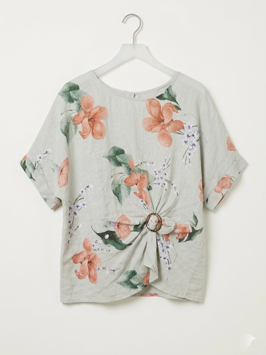 PRINTED LINEN BLOUSE WITH BUCKLE DETAIL- OATMEAL