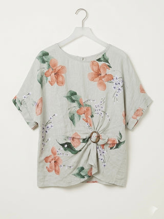 PRINTED LINEN BLOUSE WITH BUCKLE DETAIL- OATMEAL