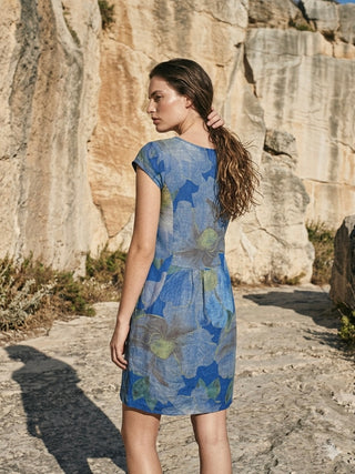 Floral Print Linen Blend Tunic - Royal Blue