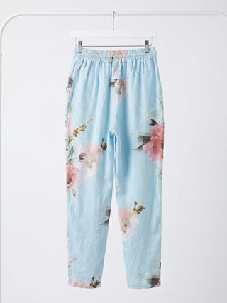 FLORAL PRINT ITALIAN LINEN PANTS- LIGHT BLUE