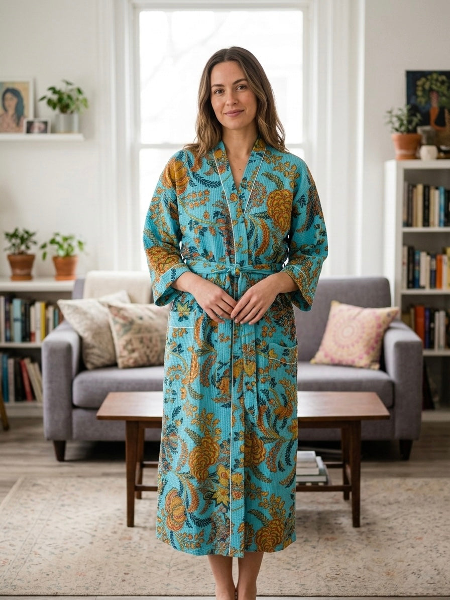 Azure Bloom Cotton Waffle Robe